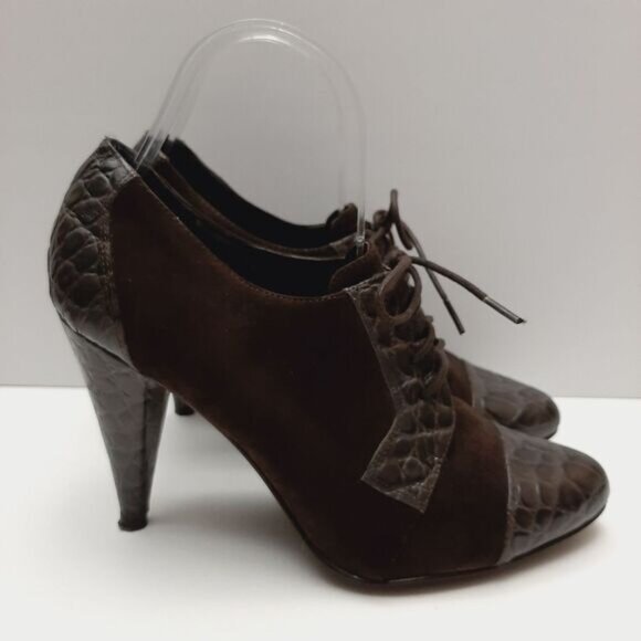 REBECCA BLUE Lace-up High Cone Heels Suede & Patent Leather Shoes Sz 7.5 Eur 38 - Picture 2 of 16